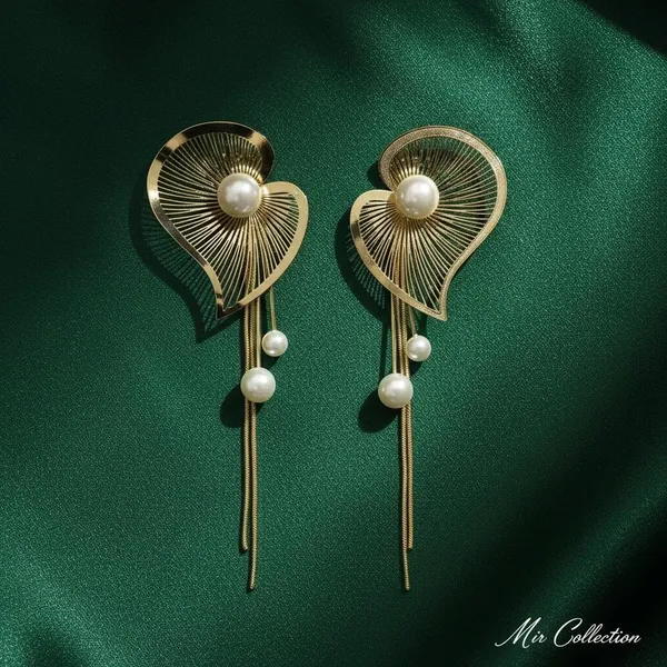 Gold_Plated_Leaf_Design_Pearl_Drop_Earrings_|_Elegant_Long_Chain_Dangle_Earrings_For_Women_&_Girls_|_Party_&_Wedding_Wear