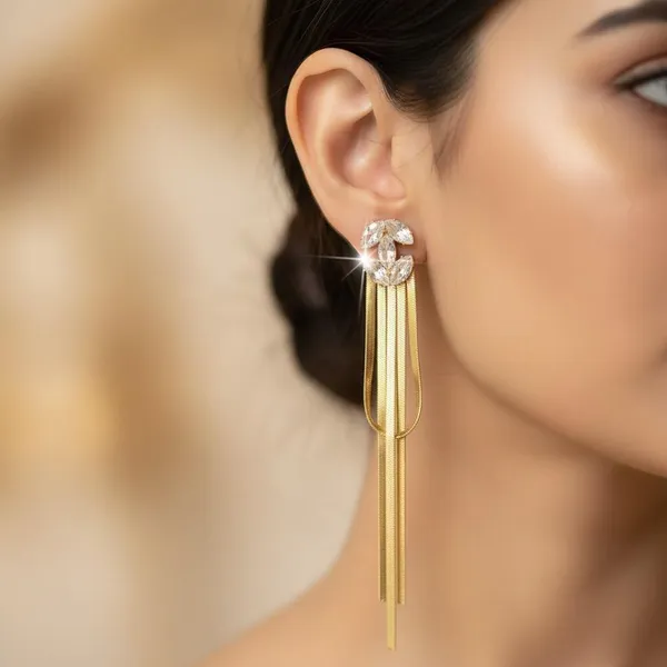 Gold_Plated_Long_Chain_Tassel_Earrings_With_Crystal_Studs_|_Elegant_Party_Wear_Dangle_Earrings_For_Women_&_Girls