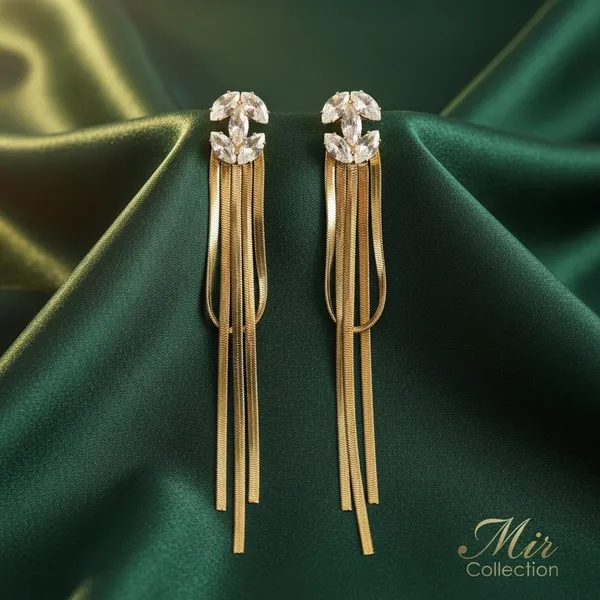 Gold_Plated_Long_Chain_Tassel_Earrings_With_Crystal_Studs_|_Elegant_Party_Wear_Dangle_Earrings_For_Women_&_Girls