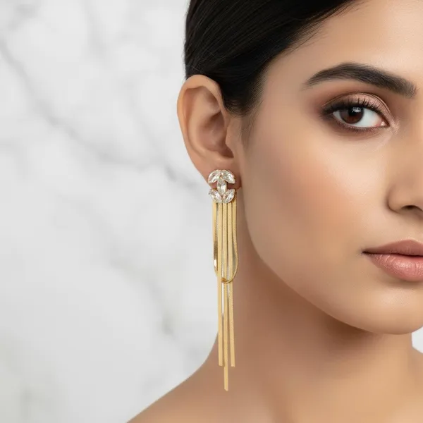 Gold_Plated_Long_Chain_Tassel_Earrings_With_Crystal_Studs_|_Elegant_Party_Wear_Dangle_Earrings_For_Women_&_Girls
