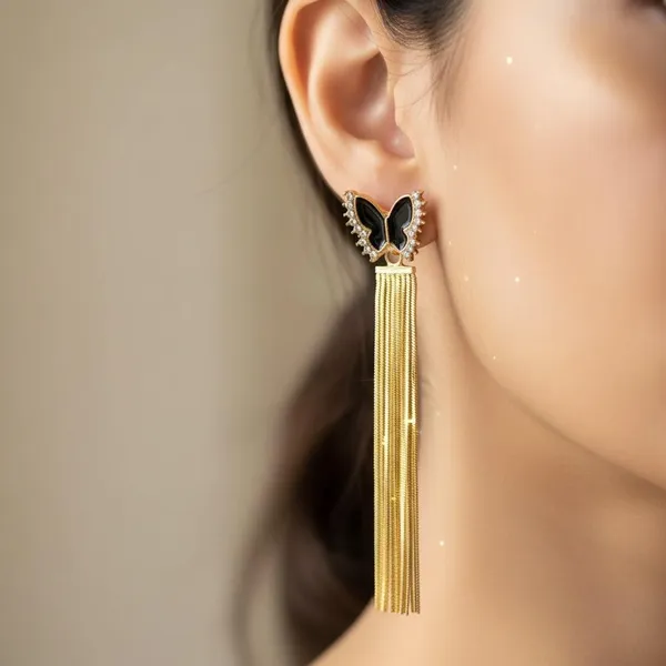 Gold_Plated_Butterfly_Tassel_Earrings_With_Crystal_&_Black_Enamel_|_Long_Chain_Dangle_Earrings_For_Women_&_Girls_|_Party_Wear_Jewellery