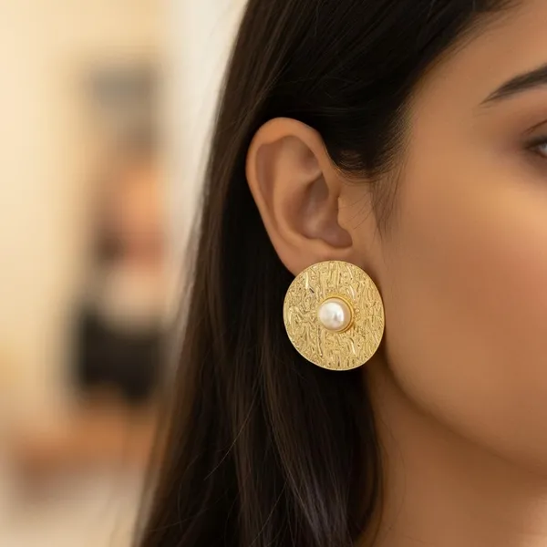 Gold_Plated_Textured_Round_Stud_Earrings_With_Pearl_Center_|_Designer_Statement_Earrings_For_Women_&_Girls_|_Party_Wear_Jewellery