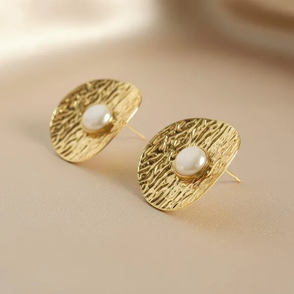 Gold_Plated_Textured_Round_Stud_Earrings_With_Pearl_Center_|_Designer_Statement_Earrings_For_Women_&_Girls_|_Party_Wear_Jewellery