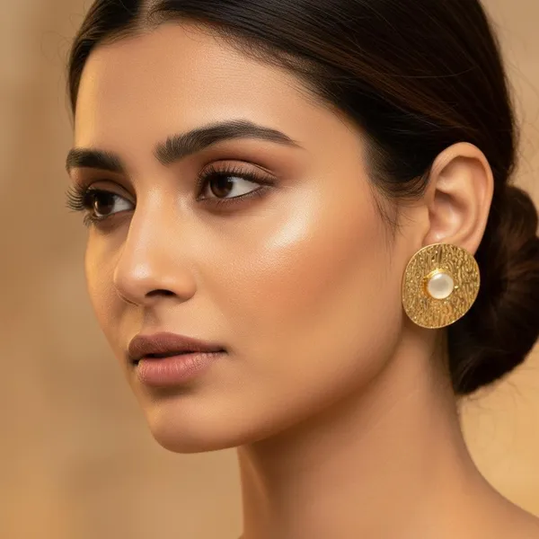Gold_Plated_Textured_Round_Stud_Earrings_With_Pearl_Center_|_Designer_Statement_Earrings_For_Women_&_Girls_|_Party_Wear_Jewellery