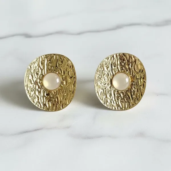 Gold_Plated_Textured_Round_Stud_Earrings_With_Pearl_Center_|_Designer_Statement_Earrings_For_Women_&_Girls_|_Party_Wear_Jewellery