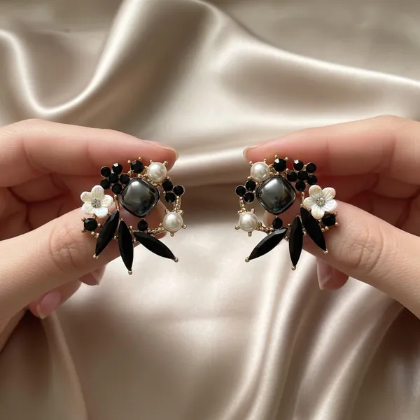 Black_Crystal_Floral_Statement_Earrings_For_Women_|_Pearl_&_Stone_Designer_Stud_Earrings_|_Party_&_Wedding_Jewellery