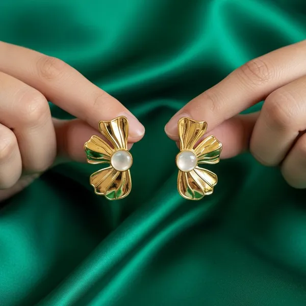 Gold_Plated_Bow_Design_Stud_Earrings_With_Pearl_Center_|_Elegant_Designer_Earrings_For_Women_&_Girls_|_Stylish_Daily_&_Party_Wear