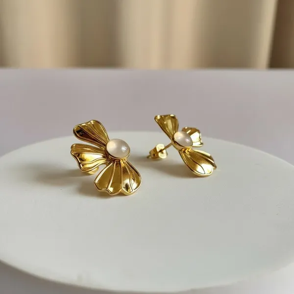 Gold_Plated_Bow_Design_Stud_Earrings_With_Pearl_Center_|_Elegant_Designer_Earrings_For_Women_&_Girls_|_Stylish_Daily_&_Party_Wear