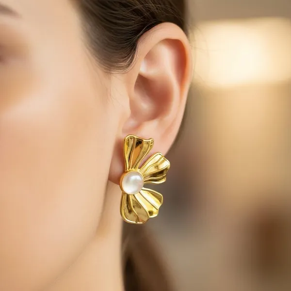 Gold_Plated_Bow_Design_Stud_Earrings_With_Pearl_Center_|_Elegant_Designer_Earrings_For_Women_&_Girls_|_Stylish_Daily_&_Party_Wear
