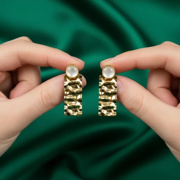 Gold_Plated_Textured_Rectangle_Drop_Earrings_With_Pearl_Stud_|_Elegant_Designer_Dangle_Earrings_For_Women_&_Girls_|_Party_&_Office_Wear