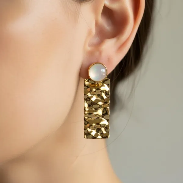 Gold_Plated_Textured_Rectangle_Drop_Earrings_With_Pearl_Stud_|_Elegant_Designer_Dangle_Earrings_For_Women_&_Girls_|_Party_&_Office_Wear