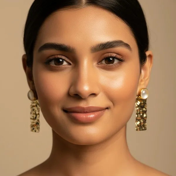 Gold_Plated_Textured_Rectangle_Drop_Earrings_With_Pearl_Stud_|_Elegant_Designer_Dangle_Earrings_For_Women_&_Girls_|_Party_&_Office_Wear