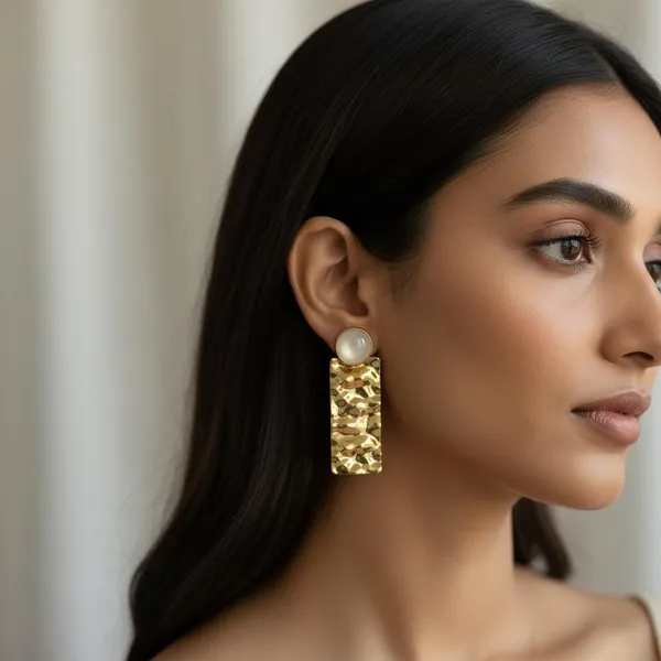 Gold_Plated_Textured_Rectangle_Drop_Earrings_With_Pearl_Stud_|_Elegant_Designer_Dangle_Earrings_For_Women_&_Girls_|_Party_&_Office_Wear