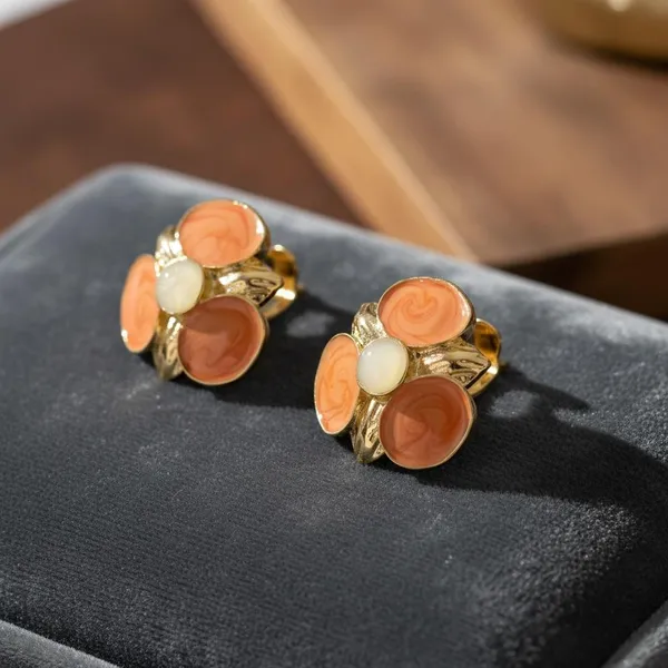 Orange_Floral_Enamel_Stud_Earrings_With_Pearl_Center_|_Gold_Plated_Designer_Flower_Earrings_For_Women_&_Girls_|_Stylish_Daily_&_Party_Wear