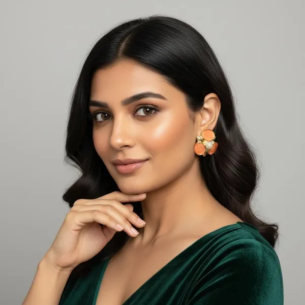 Orange_Floral_Enamel_Stud_Earrings_With_Pearl_Center_|_Gold_Plated_Designer_Flower_Earrings_For_Women_&_Girls_|_Stylish_Daily_&_Party_Wear