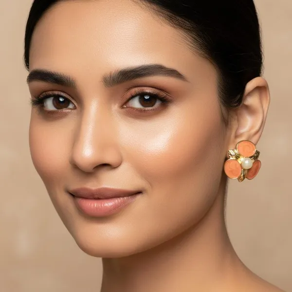 Orange_Floral_Enamel_Stud_Earrings_With_Pearl_Center_|_Gold_Plated_Designer_Flower_Earrings_For_Women_&_Girls_|_Stylish_Daily_&_Party_Wear