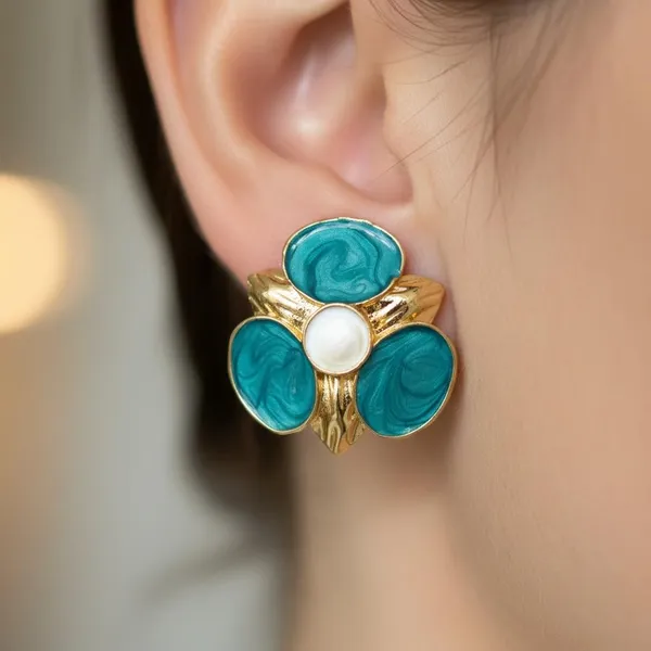 Teal_Green_Floral_Enamel_Stud_Earrings_For_Women_|_Gold_Plated_Designer_Statement_Earrings_|_Elegant_Party_&_Daily_Wear_Jewellery