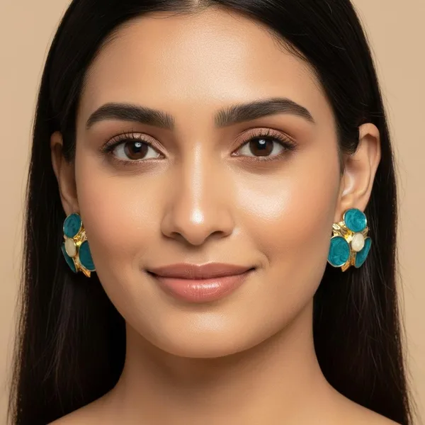 Teal_Green_Floral_Enamel_Stud_Earrings_For_Women_|_Gold_Plated_Designer_Statement_Earrings_|_Elegant_Party_&_Daily_Wear_Jewellery