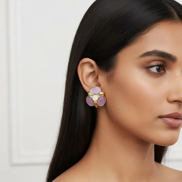 Lavender_Purple_Floral_Enamel_Stud_Earrings_For_Women_|_Gold_Plated_Designer_Statement_Earrings_|_Elegant_Party_&_Daily_Wear_Jewellery