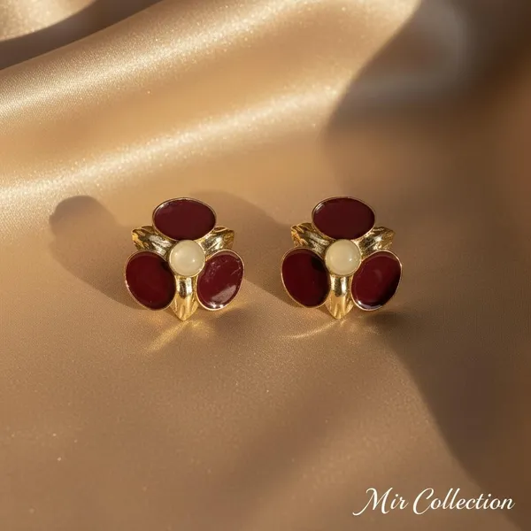 Maroon_Floral_Enamel_Stud_Earrings_For_Women_|_Gold_Plated_Designer_Statement_Earrings_|_Elegant_Party_&_Festive_Wear_Jewellery