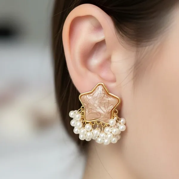 Peach_Star_Pearl_Drop_Earrings_For_Women_|_Gold_Plated_Designer_Studs_With_Pearl_Tassels_|_Elegant_Party_&_Festive_Jewellery