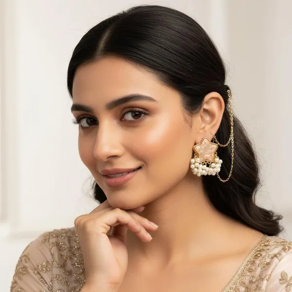 Peach_Star_Pearl_Drop_Earrings_For_Women_|_Gold_Plated_Designer_Studs_With_Pearl_Tassels_|_Elegant_Party_&_Festive_Jewellery