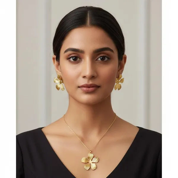 Gold_Floral_Pendant_Necklace_Set_With_Earrings_For_Women_|_Designer_Flower_Jewellery_Set_|_Elegant_Party_&_Festive_Wear