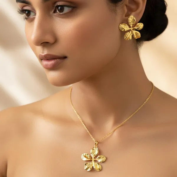 Gold_Floral_Pendant_Necklace_Set_With_Earrings_For_Women_|_Designer_Flower_Jewellery_Set_|_Elegant_Party_&_Festive_Wear