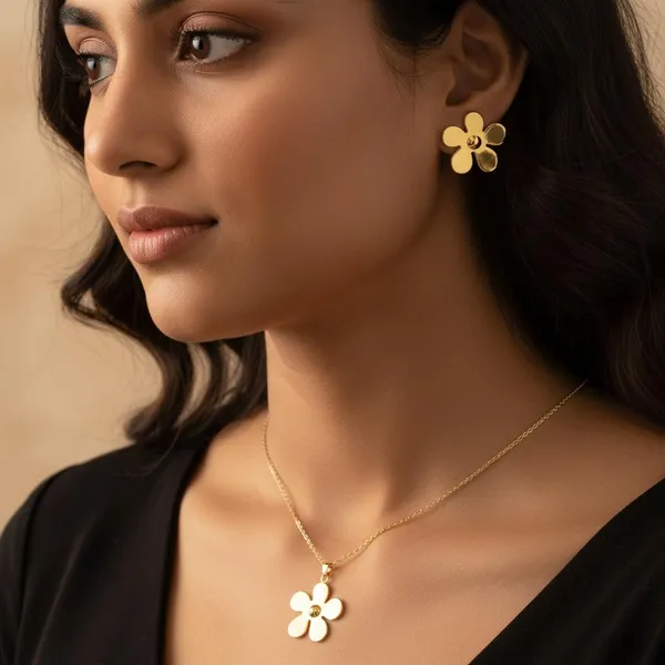 Gold_Floral_Pendant_Necklace_Set_With_Earrings_|_Elegant_Flower_Jewellery_Gift_Set_For_Women