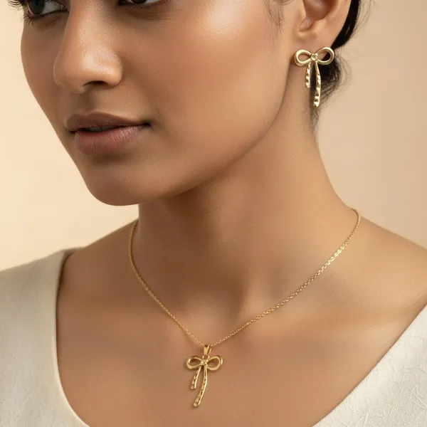 Gold_Bow_Pendant_Necklace_Set_With_Earrings_For_Women_|_Minimal_Ribbon_Design_Jewellery_Set_|_Elegant_Daily_&_Party_Wear