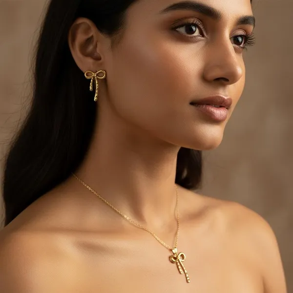 Gold_Bow_Pendant_Necklace_Set_With_Earrings_For_Women_|_Minimal_Ribbon_Design_Jewellery_Set_|_Elegant_Daily_&_Party_Wear