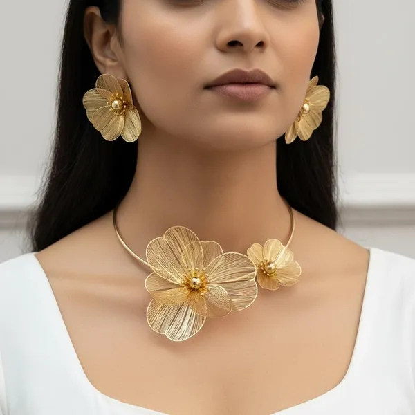 Luxury_Gold_Floral_Choker_Necklace_Set_With_Earrings_&_Ring_|_Designer_Statement_Flower_Jewellery_Set_|_Wedding_&_Party_Wear