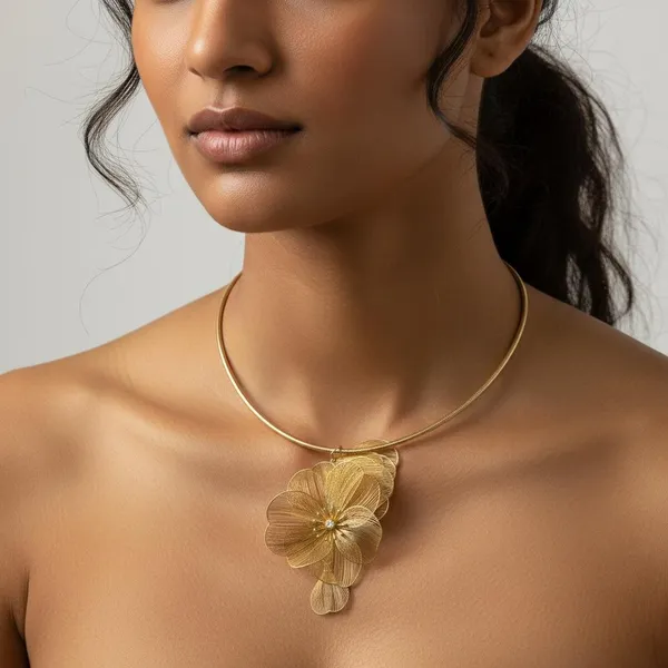 Gold_Floral_Statement_Necklace_|_Designer_Flower_Pendant_Choker_|_Elegant_Party_Wear_Neck_Piece_For_Women