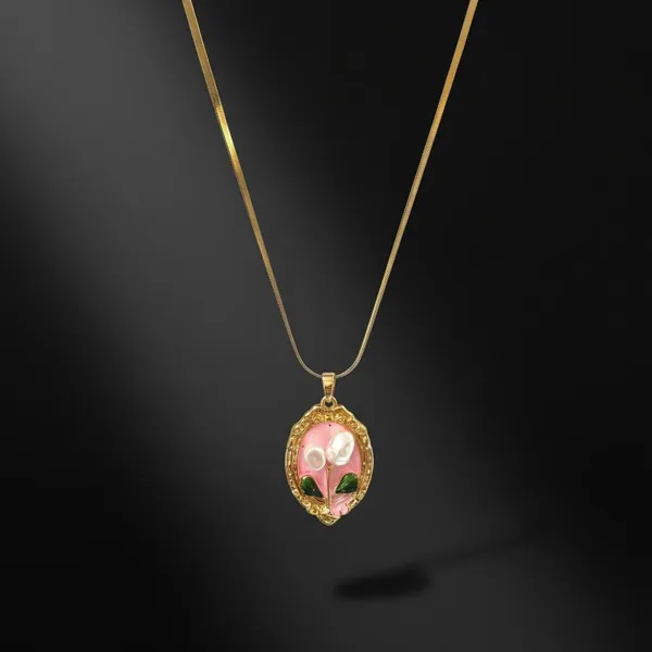 Gold_Oval_Floral_Pendant_Necklace_|_Pink_Enamel_Flower_Pendant_Chain_|_Elegant_Minimal_Jewellery_For_Women