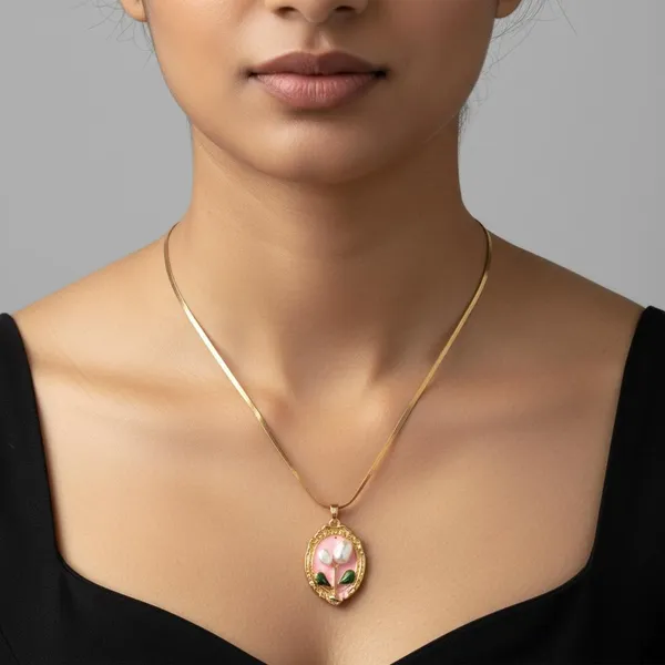 Gold_Oval_Floral_Pendant_Necklace_|_Pink_Enamel_Flower_Pendant_Chain_|_Elegant_Minimal_Jewellery_For_Women