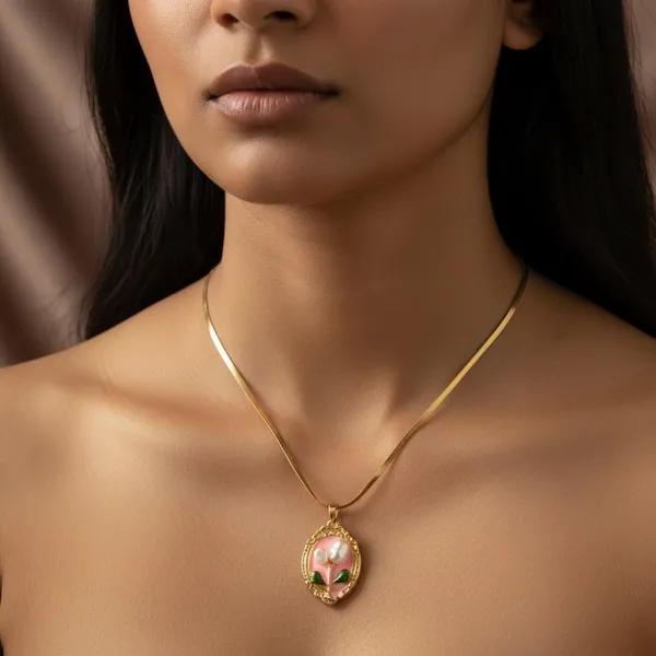 Gold_Oval_Floral_Pendant_Necklace_|_Pink_Enamel_Flower_Pendant_Chain_|_Elegant_Minimal_Jewellery_For_Women