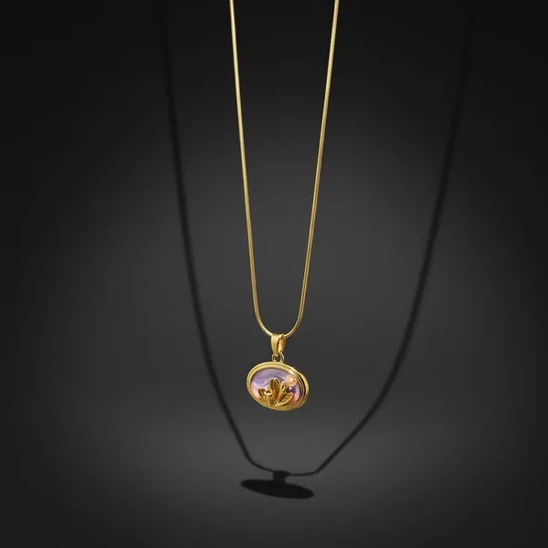 Gold_Round_Floral_Pendant_Necklace_|_Purple_Enamel_Designer_Pendant_Chain_|_Elegant_Minimal_Jewellery_For_Women