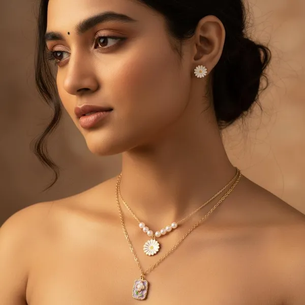 Layered_Gold_Pendant_Necklace_Set_|_Daisy_&_Floral_Charm_Double_Chain_|_Pearl_Detail_Trendy_Jewellery_For_Women