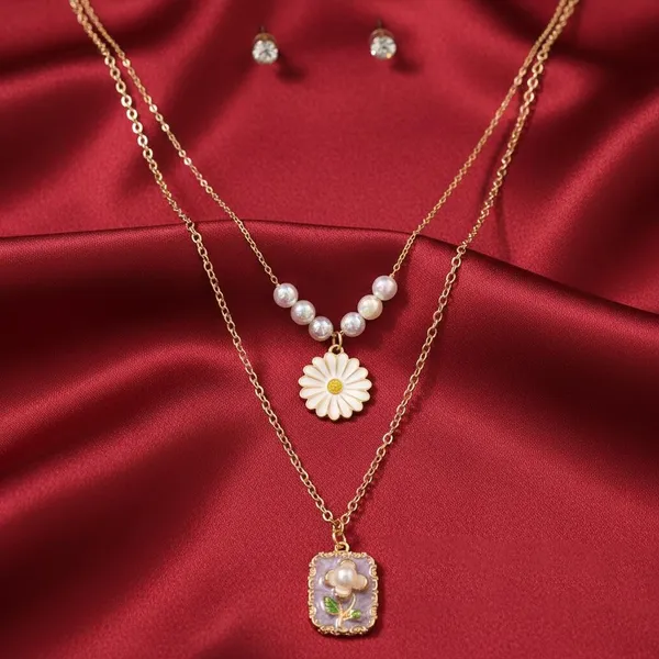 Layered_Gold_Pendant_Necklace_Set_|_Daisy_&_Floral_Charm_Double_Chain_|_Pearl_Detail_Trendy_Jewellery_For_Women