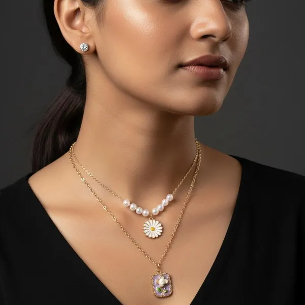 Layered_Gold_Pendant_Necklace_Set_|_Daisy_&_Floral_Charm_Double_Chain_|_Pearl_Detail_Trendy_Jewellery_For_Women