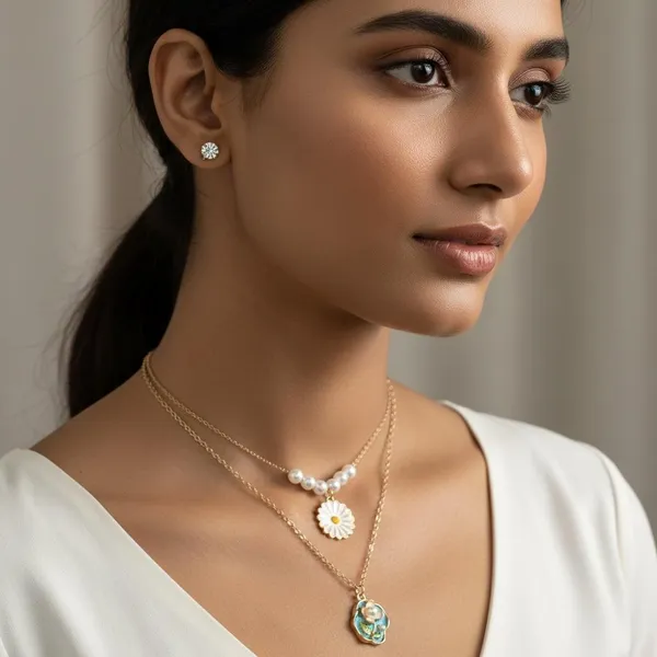 Elegant_Layered_Pearl_Daisy_Necklace_Set_|_Double_Chain_Floral_Pendant_Jewellery_For_Women