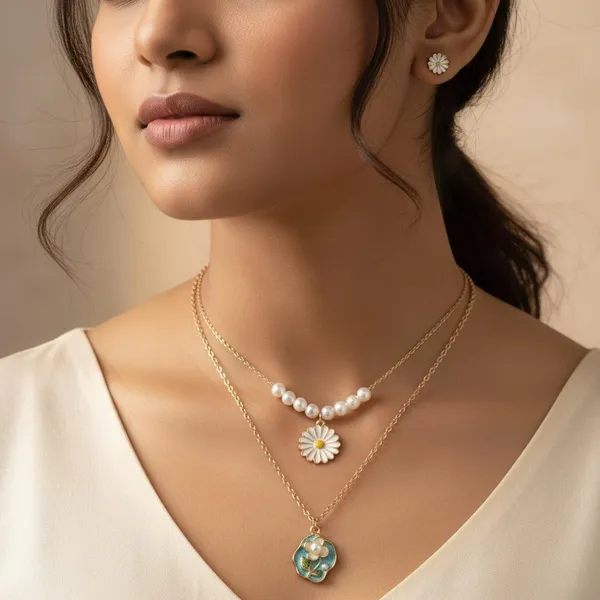 Elegant_Layered_Pearl_Daisy_Necklace_Set_|_Double_Chain_Floral_Pendant_Jewellery_For_Women