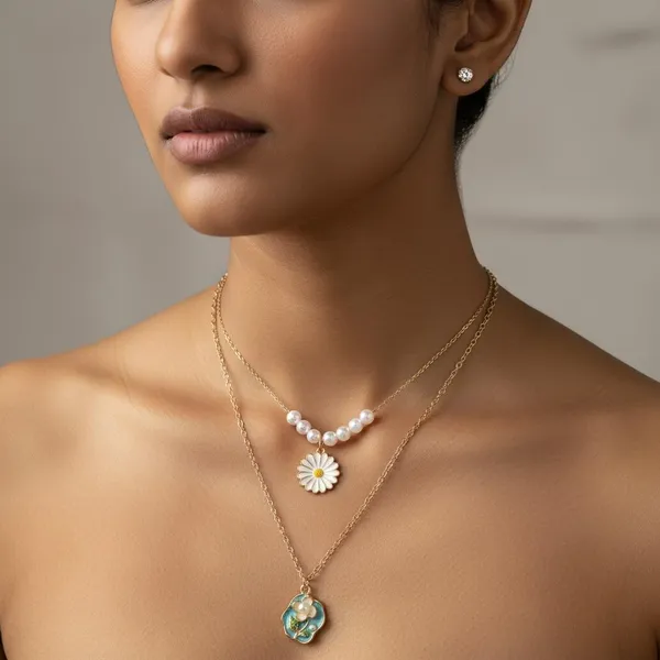 Elegant_Layered_Pearl_Daisy_Necklace_Set_|_Double_Chain_Floral_Pendant_Jewellery_For_Women