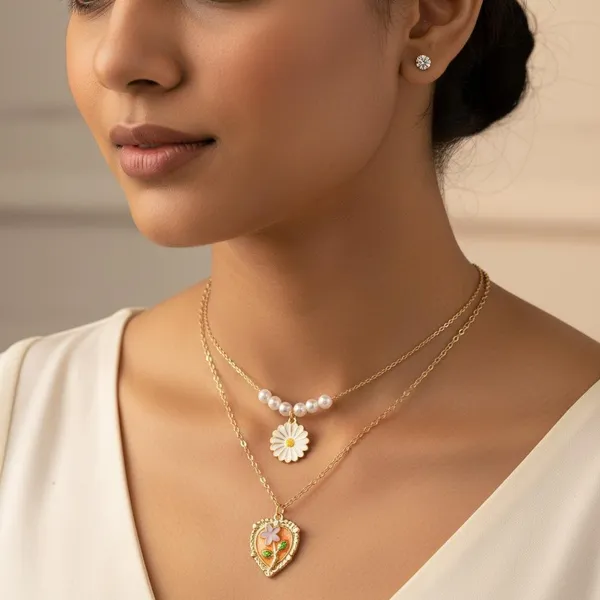 Pearl_Daisy_&_Heart_Pendant_Layered_Necklace_Set_|_Double_Chain_Floral_Jewellery_For_Women