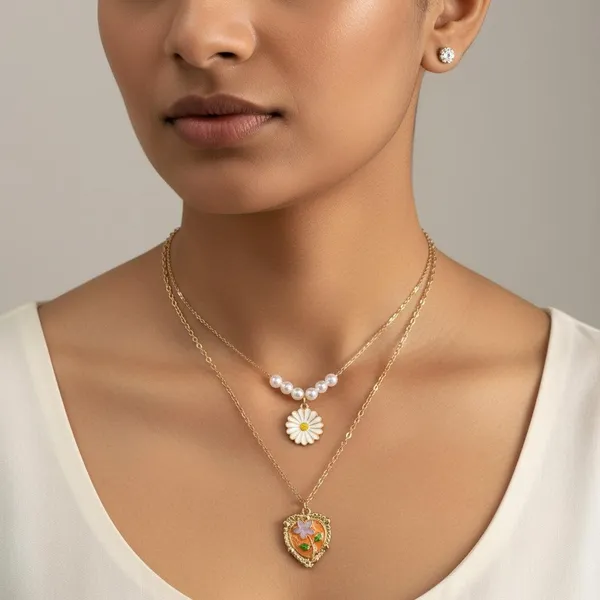 Pearl_Daisy_&_Heart_Pendant_Layered_Necklace_Set_|_Double_Chain_Floral_Jewellery_For_Women
