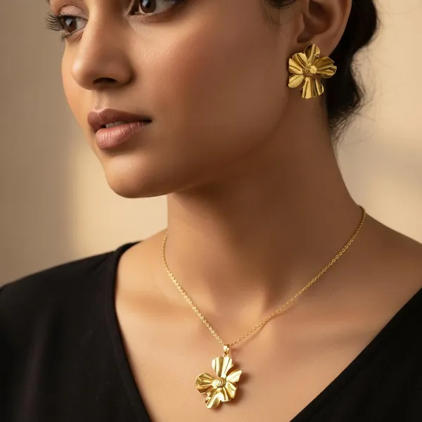 Gold_Floral_Pendant_Necklace_Set_With_Earrings_|_Elegant_Flower_Design_Jewellery_Set_For_Women