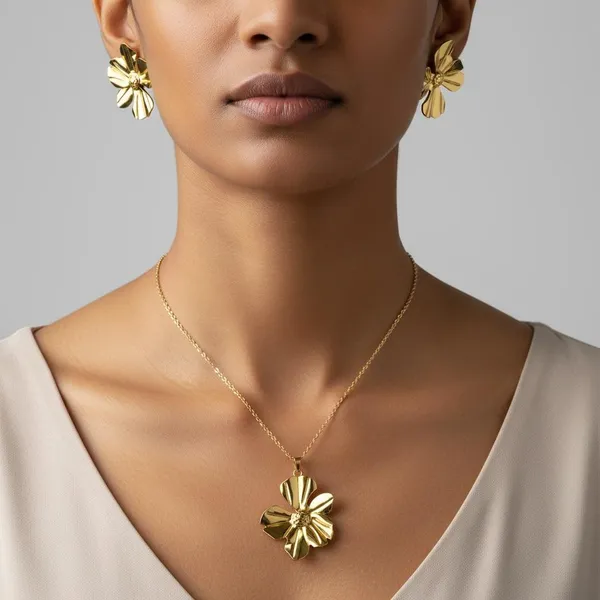 Gold_Floral_Pendant_Necklace_Set_With_Earrings_|_Elegant_Flower_Design_Jewellery_Set_For_Women