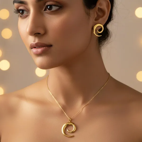 Gold_Spiral_Pendant_Necklace_Set_With_Earrings_|_Modern_Minimal_Swirl_Design_Jewellery_For_Women