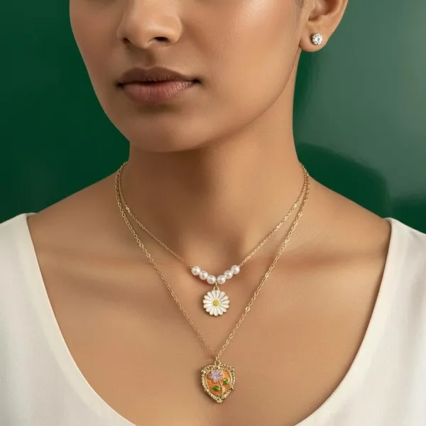 Pearl_Daisy_&_Heart_Pendant_Layered_Necklace_Set_|_Double_Chain_Floral_Jewellery_For_Women