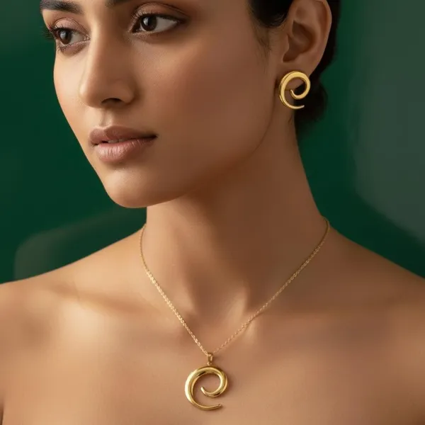 Gold_Spiral_Pendant_Necklace_Set_With_Earrings_|_Modern_Minimal_Swirl_Design_Jewellery_For_Women